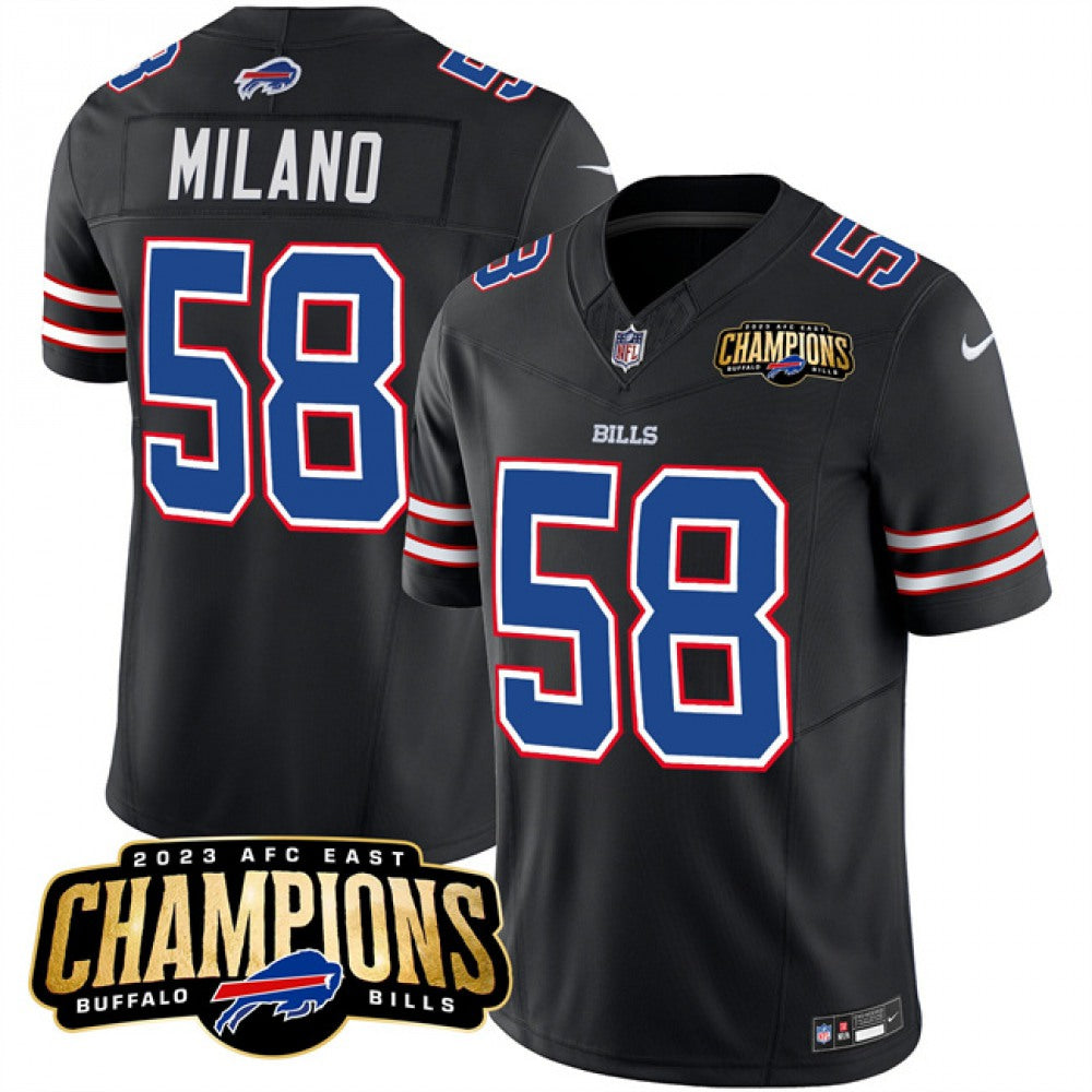 Men's Buffalo Bills #58 Matt Milano Black 2023 F.U.S.E. AFC East Champions Ptach Stitched Football Jersey football jersey product view 1