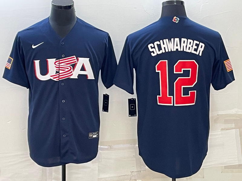 Men's 2023 World Baseball Classic Kyle Schwarber USA Navy Jersey baseball jersey product view 1