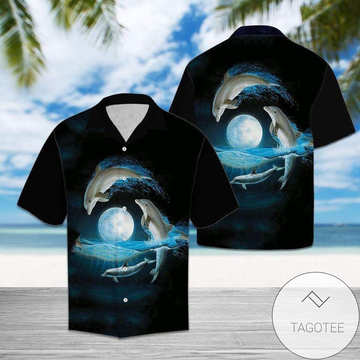 Dolphins Moonlit Night Scene Hawaiian Shirt Spectacular Wear Unisex T-shirt, Sweatshirt, Hoodie, Long Sleeve Tee - T-Shirt, Sweatshirt, Hoodie