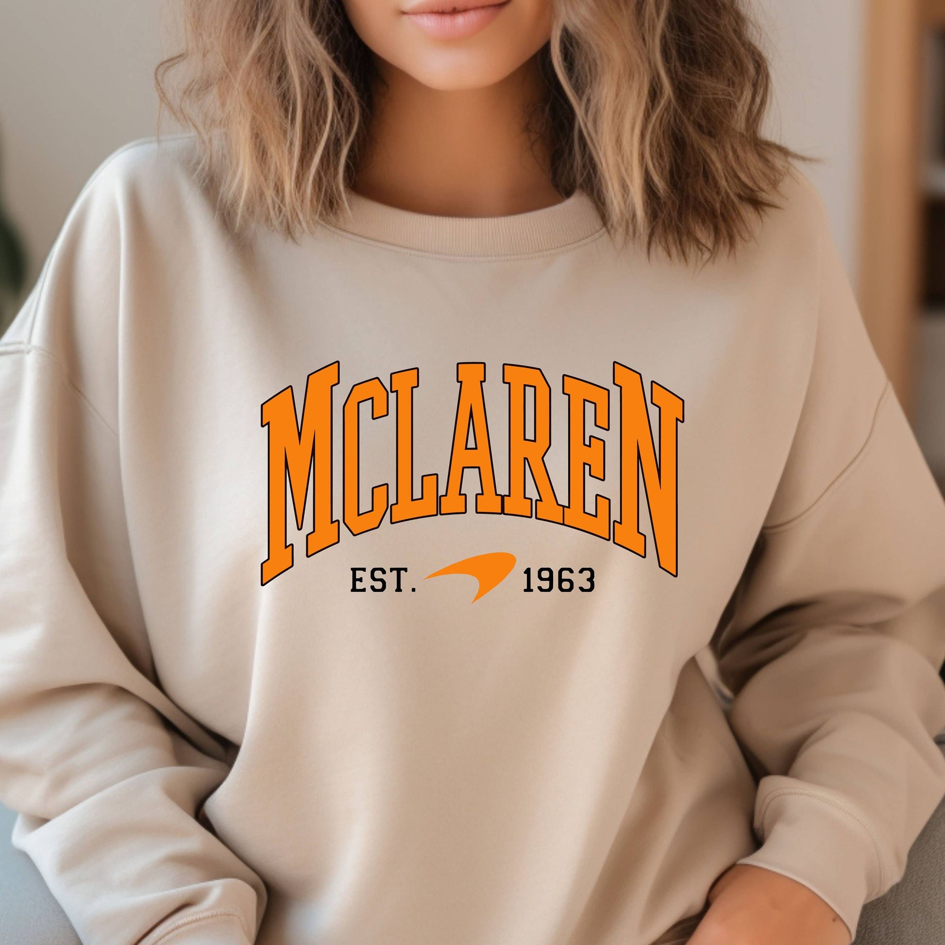 Beige Mclaren Est. 1963 Logo Sweatshirt Unisex T-shirt, Sweatshirt, Hoodie, Long Sleeve Tee - T-Shirt, Sweatshirt, Hoodie