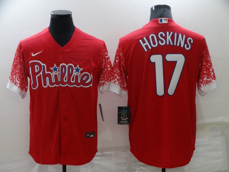 Men's Philadelphia Phillies Rhys Hoskins Red Replica Player Jersey baseball jersey product view 1