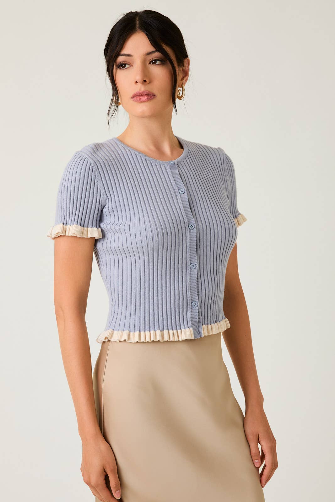 Button Down Ruffle Detail Ribbed Top Unisex T-shirt, Sweatshirt, Hoodie, Long Sleeve Tee - T-Shirt, Sweatshirt, Hoodie