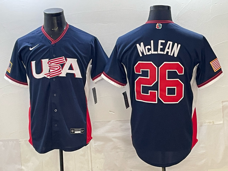 Men's USA Baseball Nolan McLean #26 Navy 2026 World Baseball Classic Stadium Jersey baseball jersey product view 1