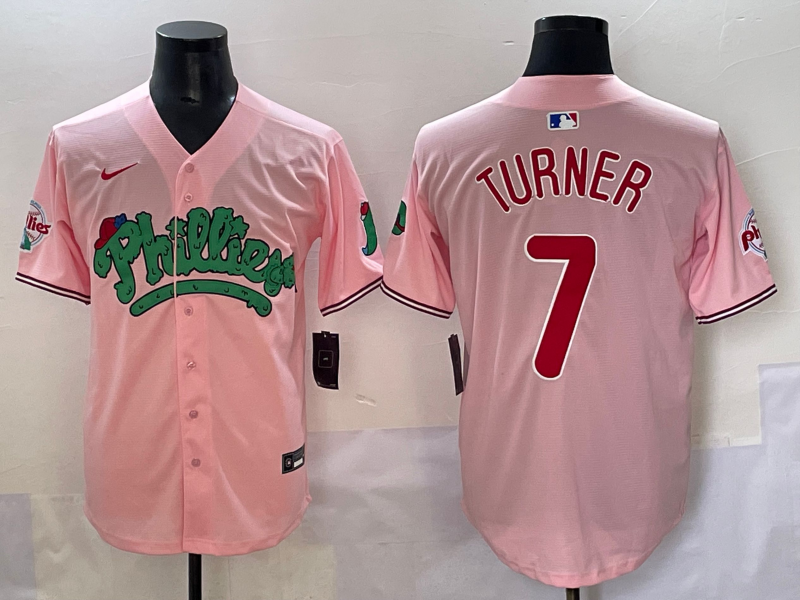 Men's Philadelphia Phillies Trea Turner #7 Pink Replica Player Jersey baseball jersey product view 1