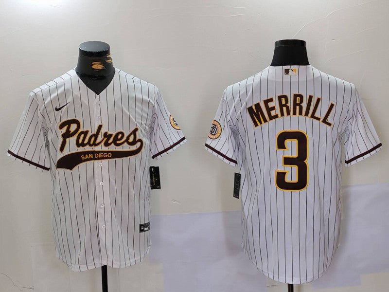 Men's San Diego Padres Jackson Merrill #3 White Alternate Replica Player Jersey baseball jersey product view 1