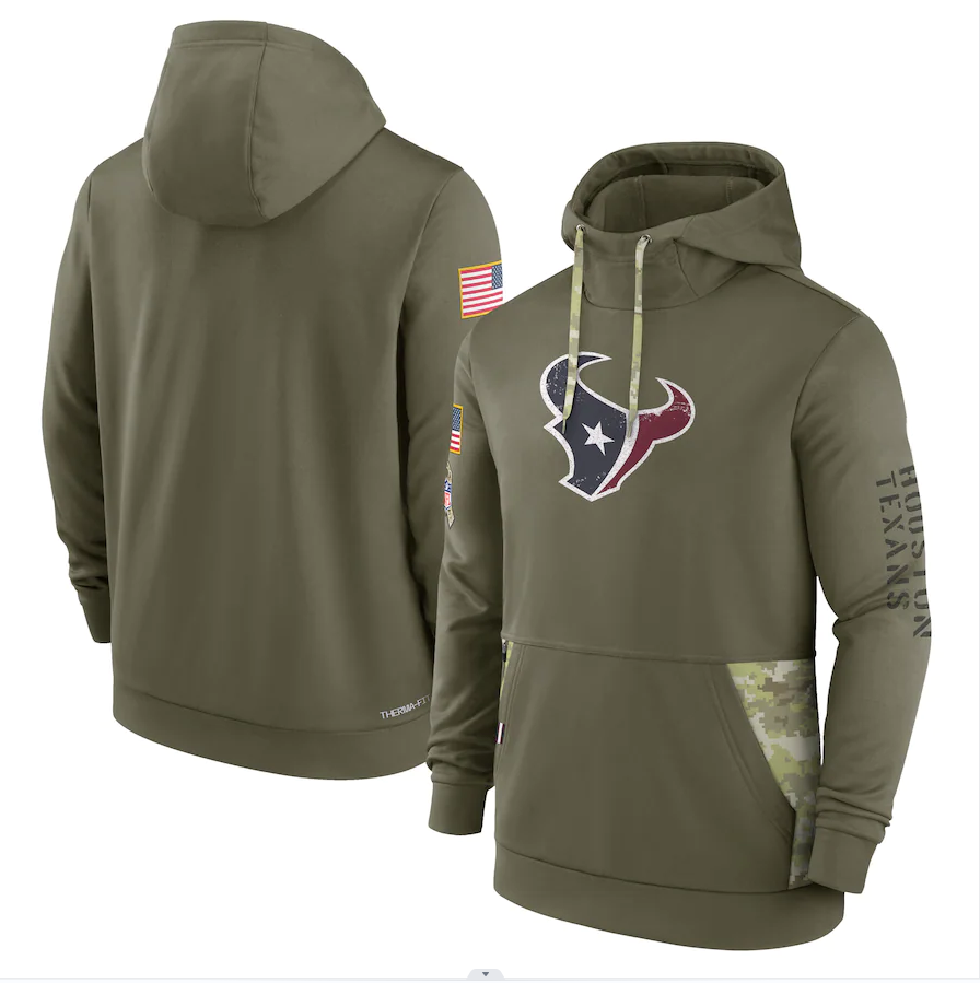 Men's Houston Texans Olive 2022 Salute to Service Therma Performance Pullover Hoodie football jersey product view 1