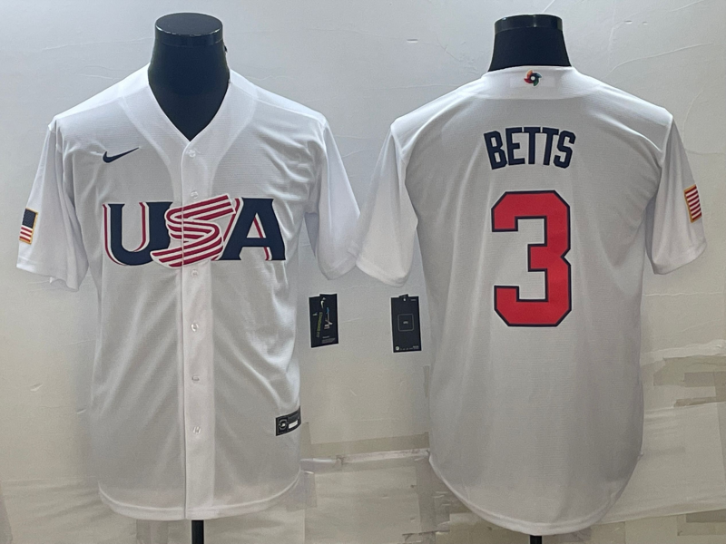 Men's 2023 World Baseball Classic Mookie Betts USA White Jersey baseball jersey product view 1