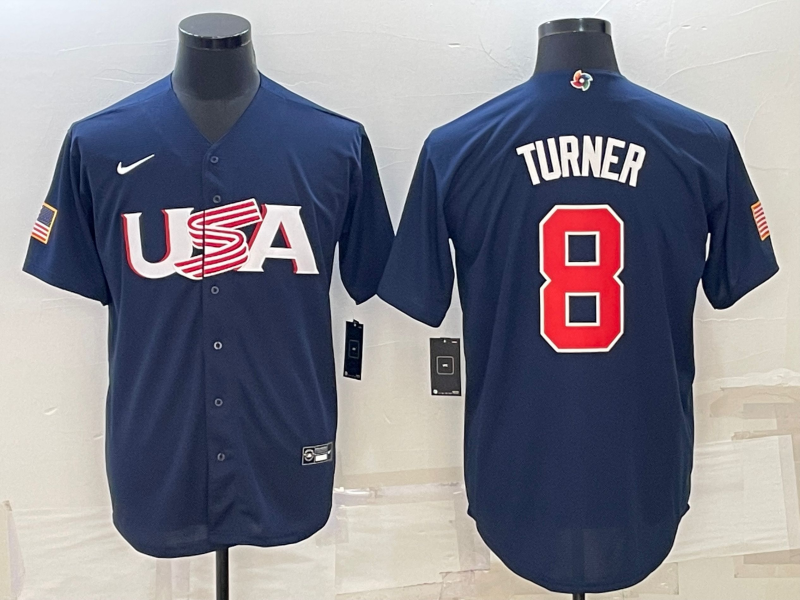 Men's 2023 World Baseball Classic #8 Trea Turner USA Navy Jersey1 baseball jersey product view 1