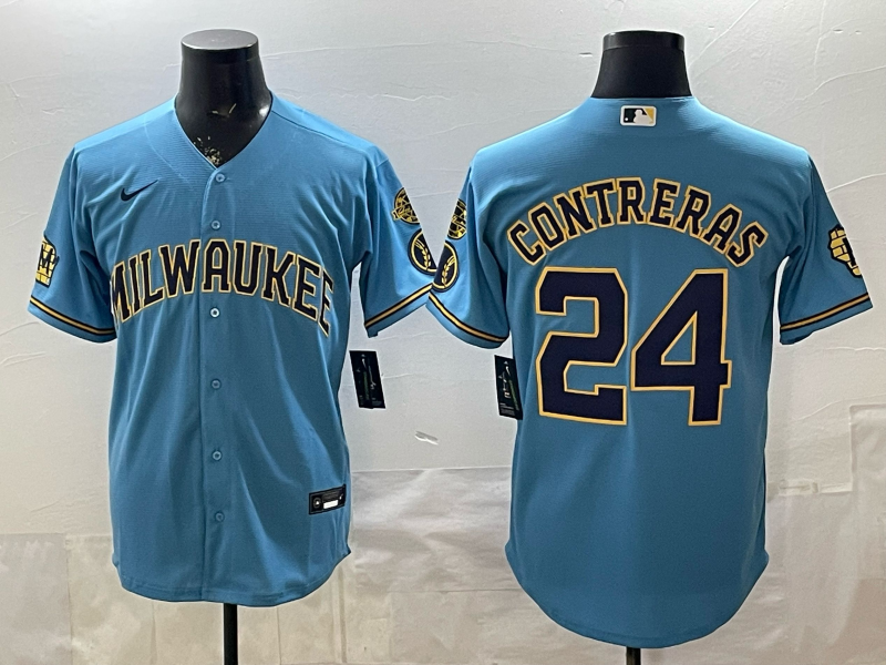 Men's Milwaukee Brewers William Contreras #24 Light Blue Road Replica Jersey baseball jersey product view 1