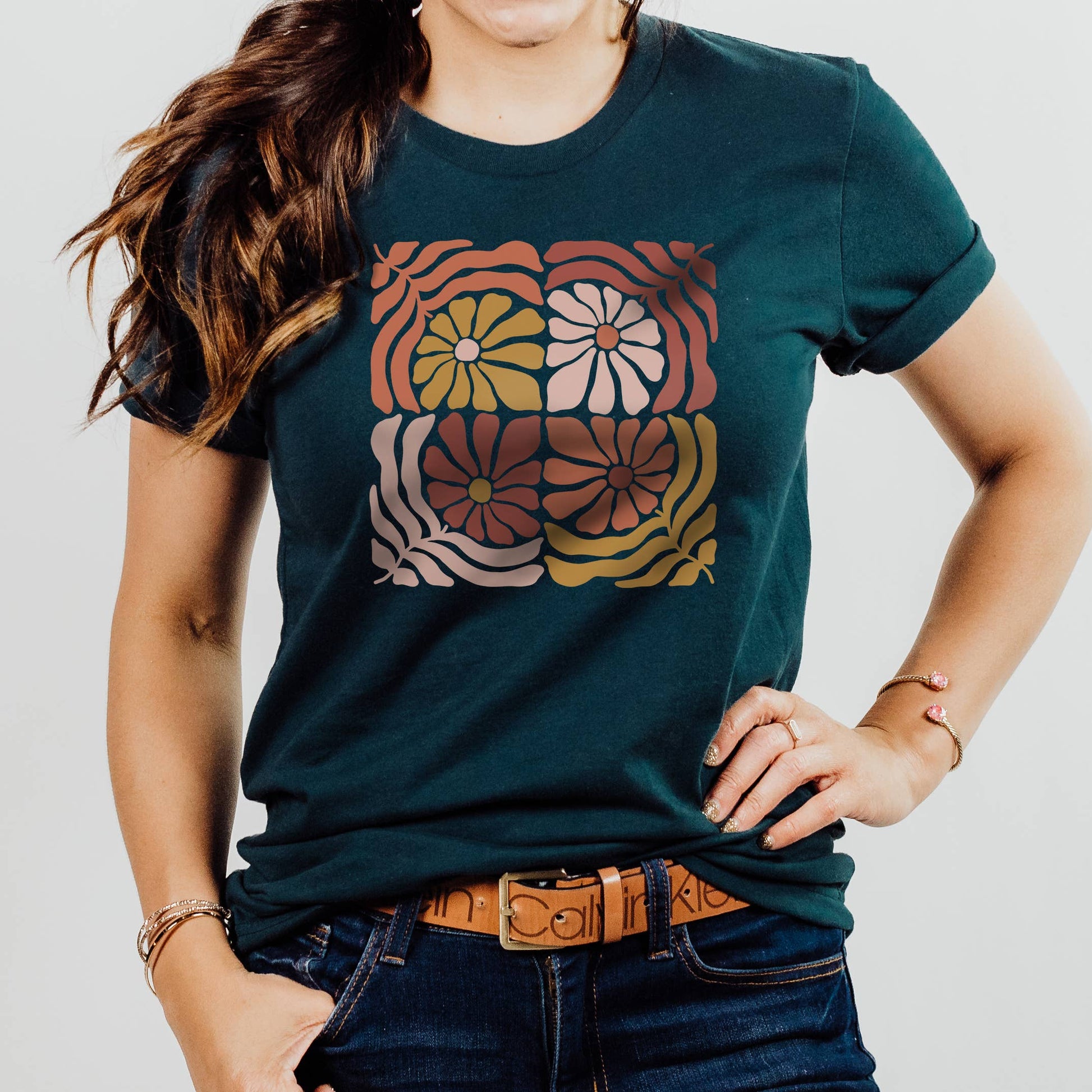 4 Square Groovy Flowers Tee | Floral | Sizes XS-2XL Unisex T-shirt, Sweatshirt, Hoodie, Long Sleeve Tee - T-Shirt, Sweatshirt, Hoodie