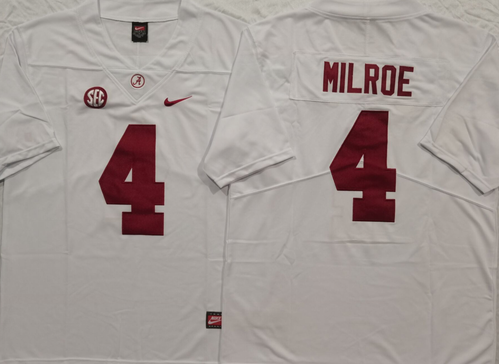 Men's Alabama Crimson Tide Jalen Milroe #4 White Game Jersey sports jersey product view 1