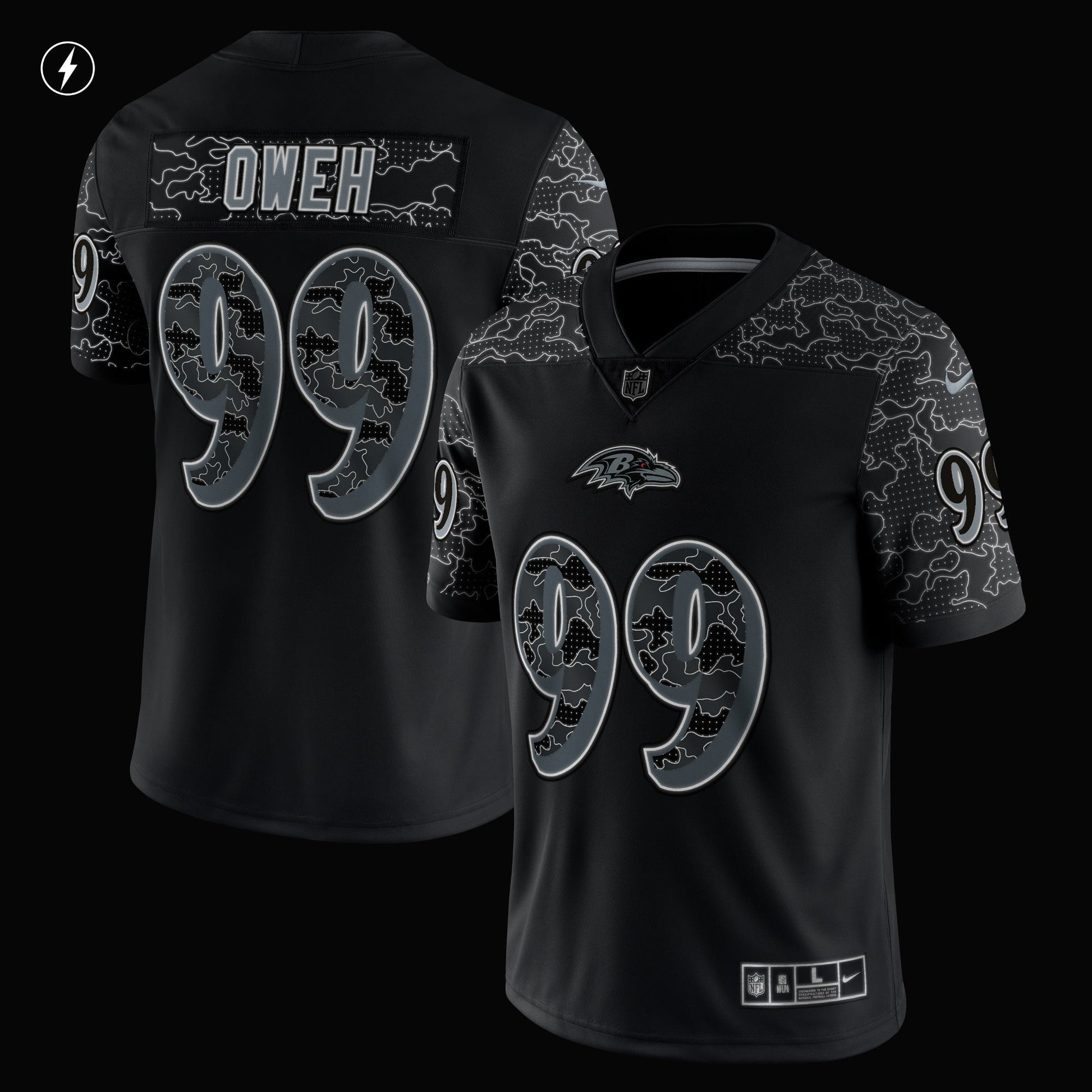 Odafe Oweh Baltimore Ravens RFLCTV Limited Jersey - Black football jersey product view 2