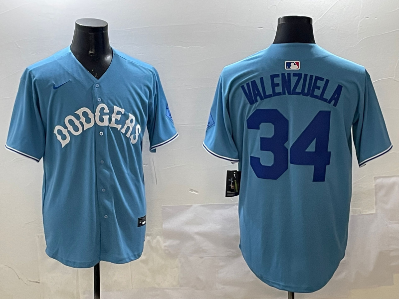 Men's Los Angeles Dodgers Fernando Valenzuela #34 Light Blue Replica Player Jersey baseball jersey product view 1