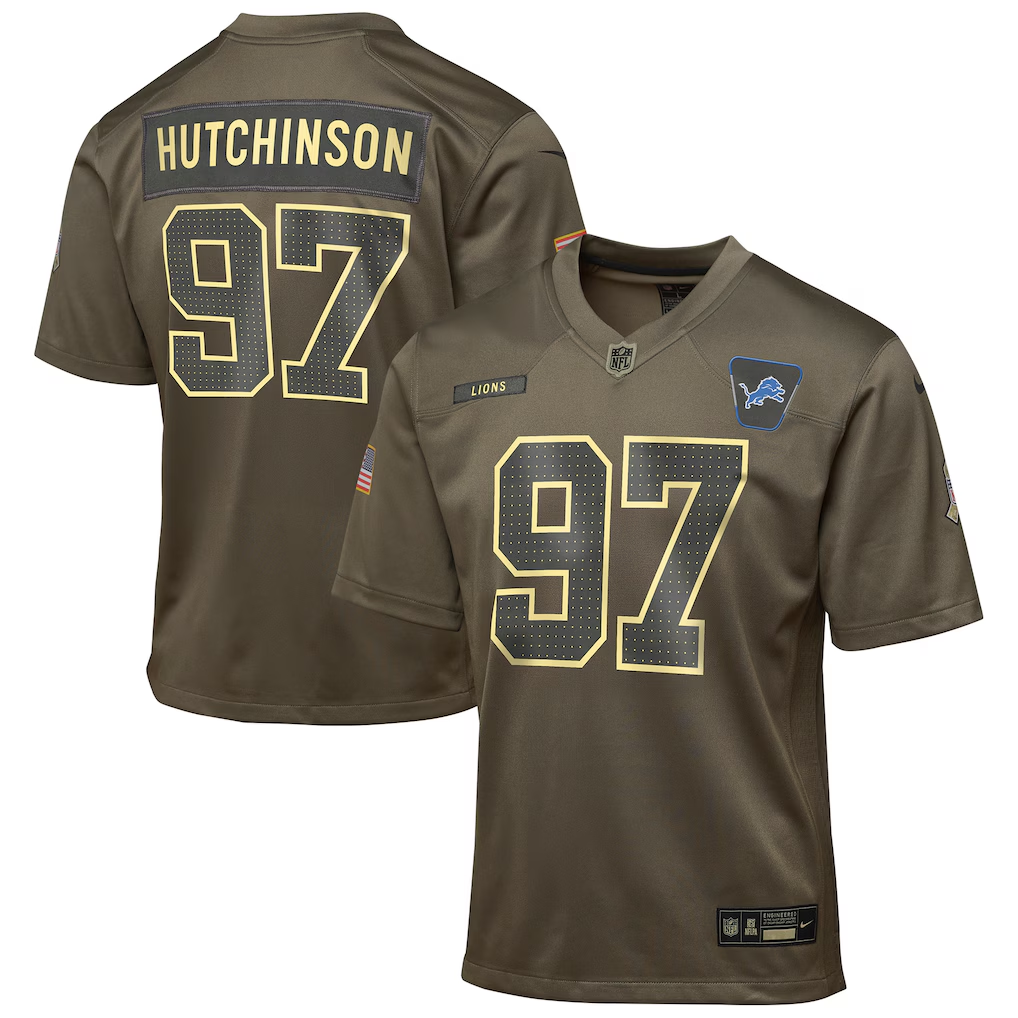 Youth Detroit Lions Aidan Hutchinson Olive 2025 Salute to Service Game Jersey football jersey product view 1