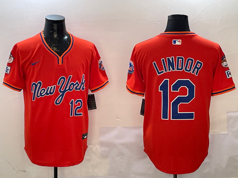 Men's New York Mets Francisco Lindor Orange Replica Player Jersey baseball jersey product view 1