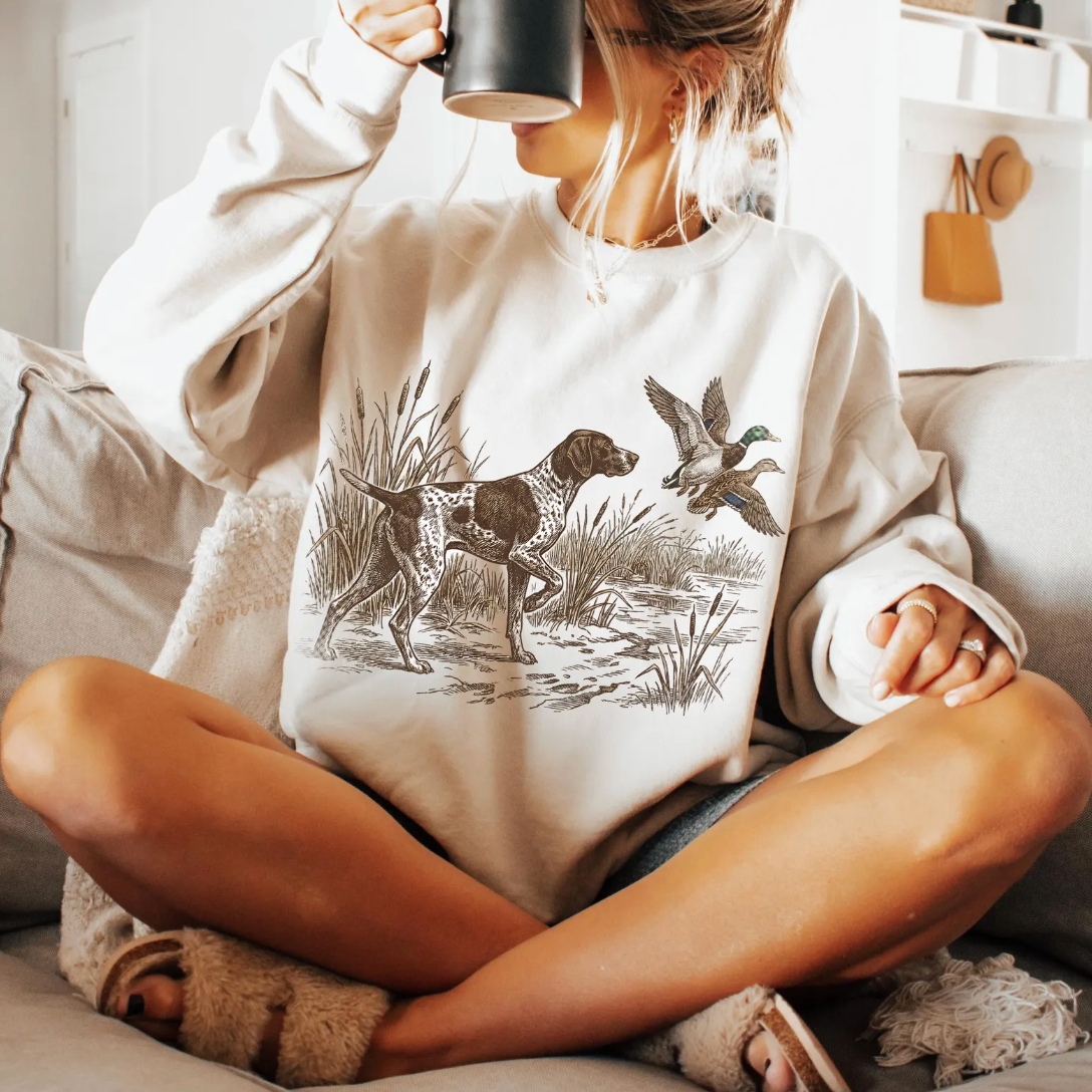 Duck Hunting Pointer Dog  - Sweatshirts & T-Shirts Multiple Color Options Unisex T-shirt, Sweatshirt, Hoodie, Long Sleeve Tee - T-Shirt, Sweatshirt, Hoodie