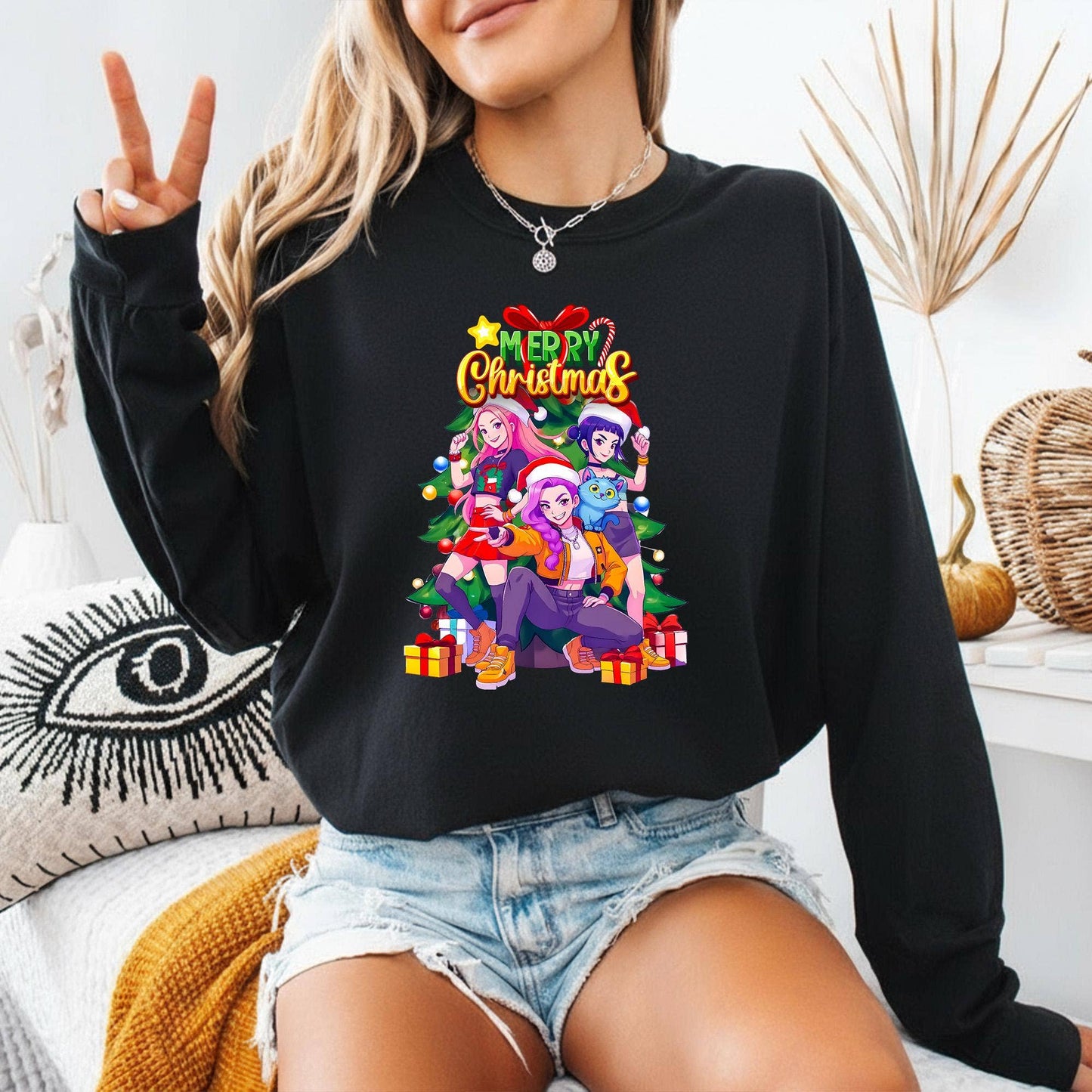 Kpop Demon Hunters Anime Christmas Sweater Unisex T-shirt, Sweatshirt, Hoodie, Long Sleeve Tee - T-Shirt, Sweatshirt, Hoodie