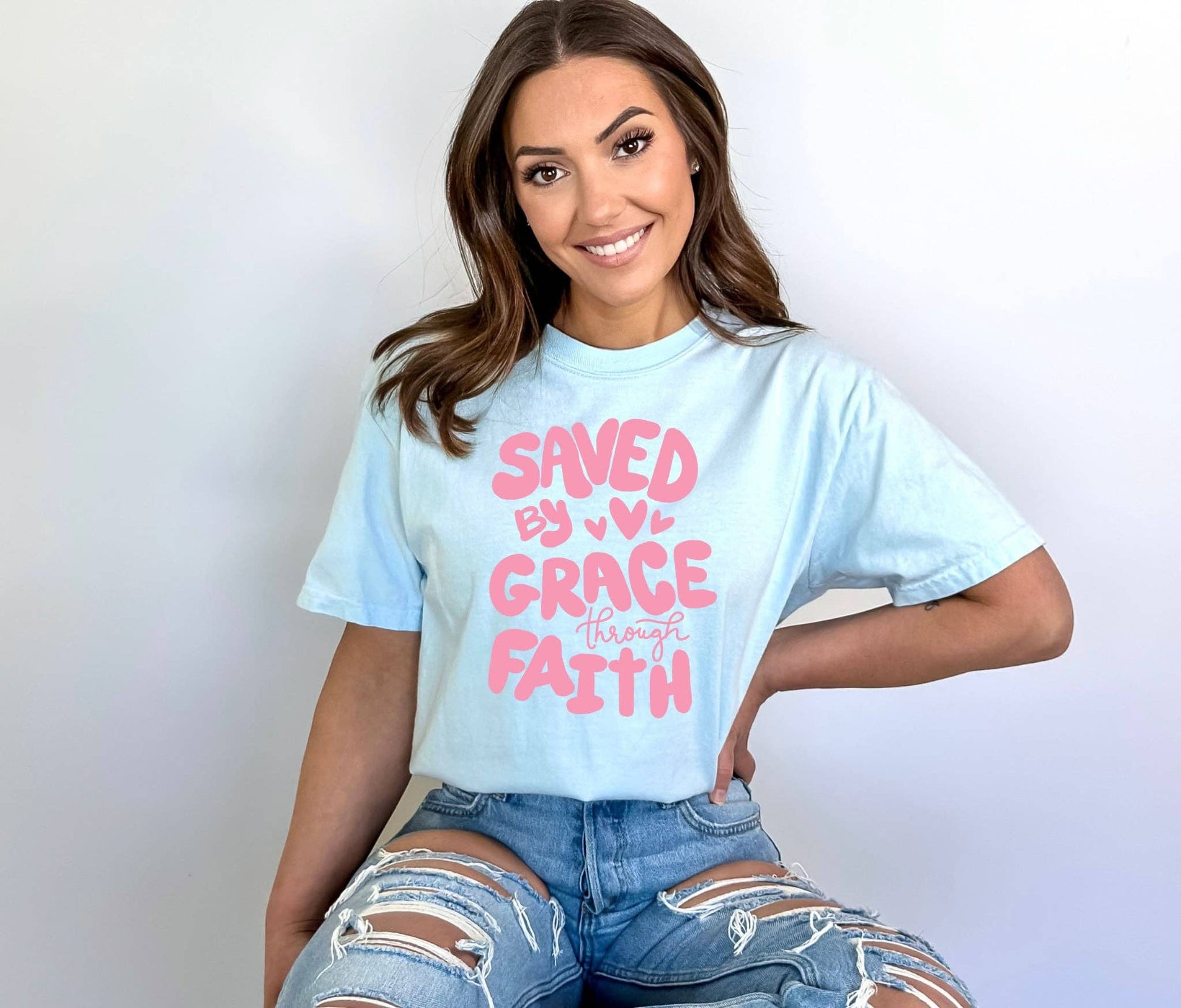 Saved By Grace Bella Faith-Based Summer Graphic Tee Unisex T-shirt, Sweatshirt, Hoodie, Long Sleeve Tee - T-Shirt, Sweatshirt, Hoodie
