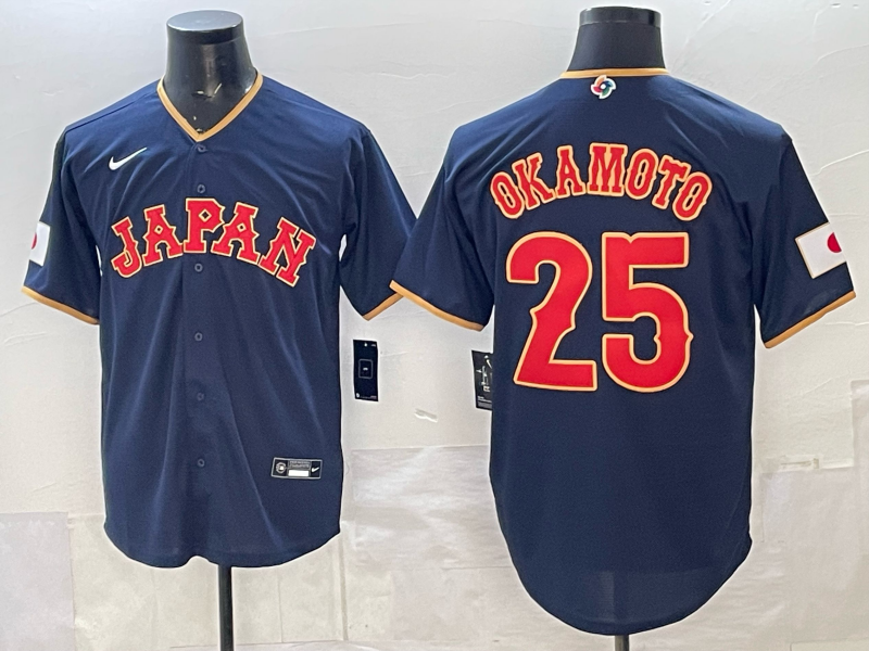 Men's Japan Baseball Kazuma Okamoto #25 Navy 2026 World Baseball Classic Stadium Jersey baseball jersey product view 1