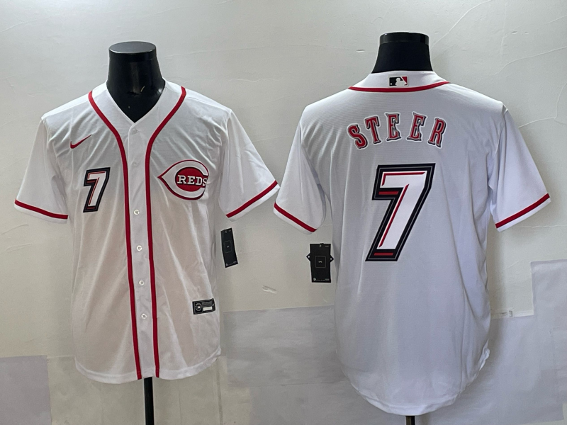 Men's Cincinnati Reds Spencer Steer White 2025 MLB Speedway Classic Home Replica Jersey baseball jersey product view 1