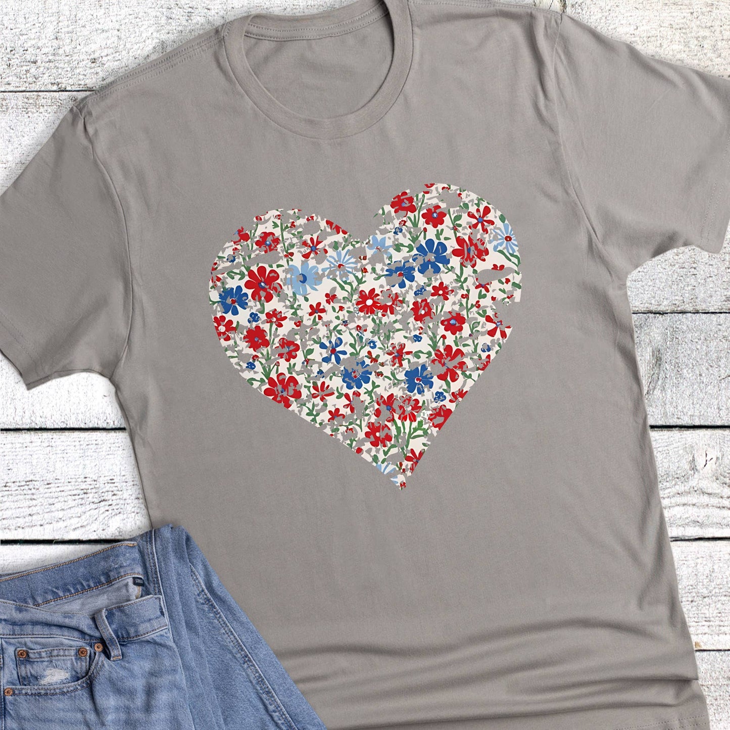 Patriotic Floral Heart Graphic Tee Unisex T-shirt, Sweatshirt, Hoodie, Long Sleeve Tee - T-Shirt, Sweatshirt, Hoodie