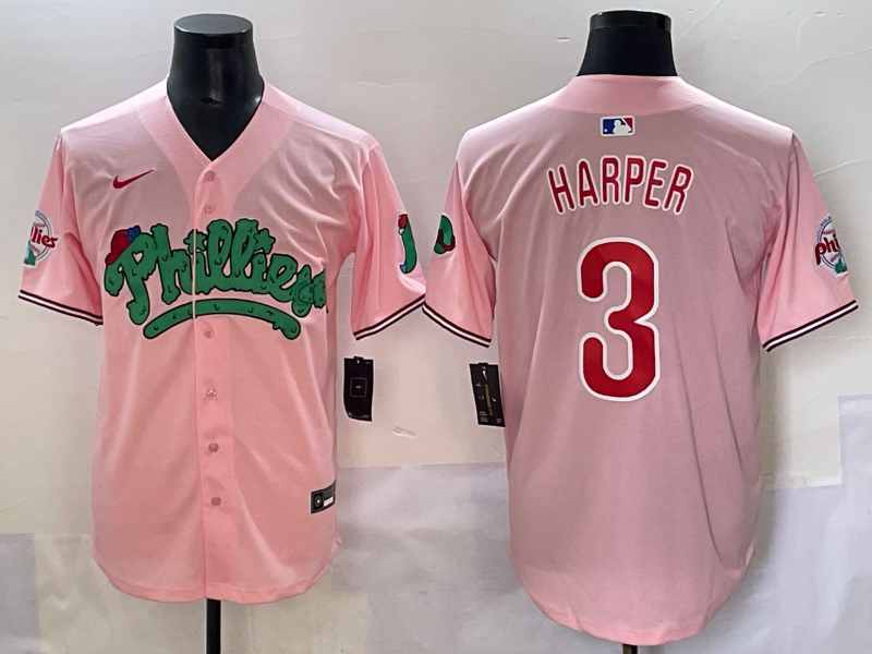 Men's Philadelphia Phillies Bryce Harper #3 Pink Replica Player Jersey baseball jersey product view 1