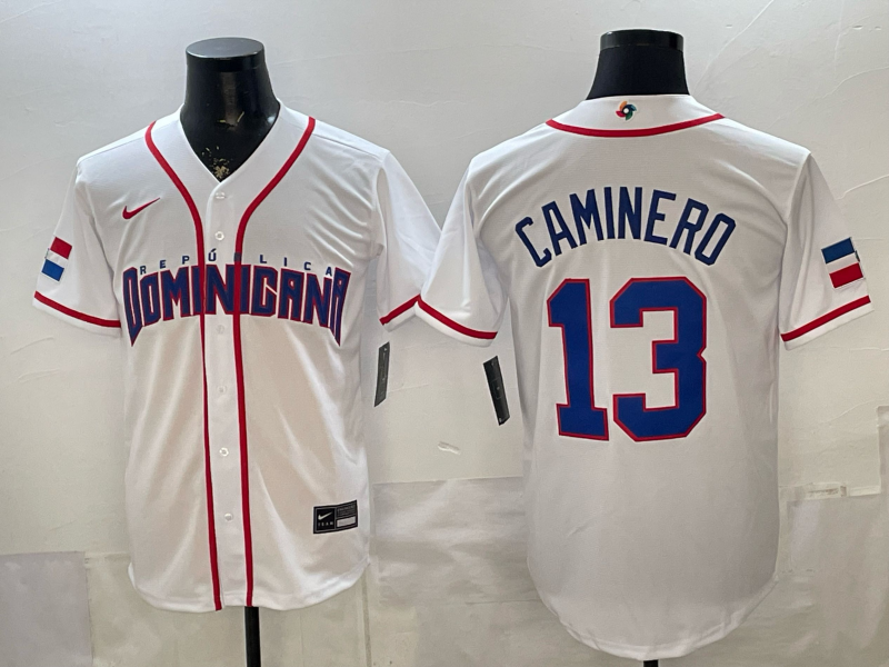 Men's Dominican Republic Baseball Junior Caminero #13 White 2026 World Baseball Classic Stadium Jersey baseball jersey product view 1