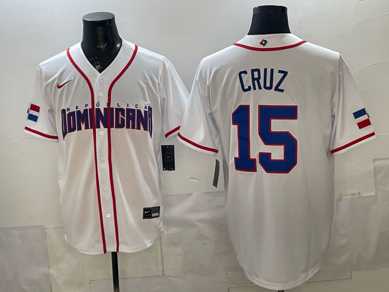 Men's Dominican Republic Baseball Oneil Cruz #15 White 2026 World Baseball Classic Stadium Jersey baseball jersey product view 1