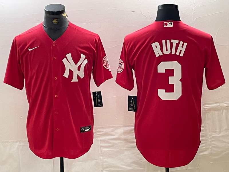 Men's New York Yankees Babe Ruth #3 Red Replica Player Jersey baseball jersey product view 1