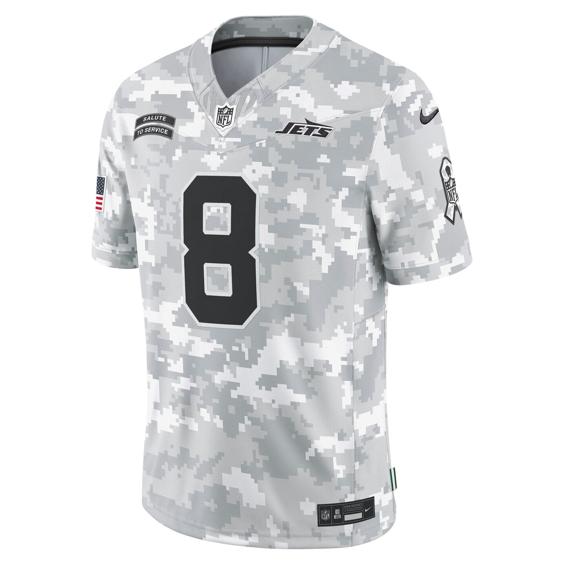 Aaron Rodgers New York Jets 2024 Salute to Service Limited Jersey - Arctic Camo football jersey product view 2