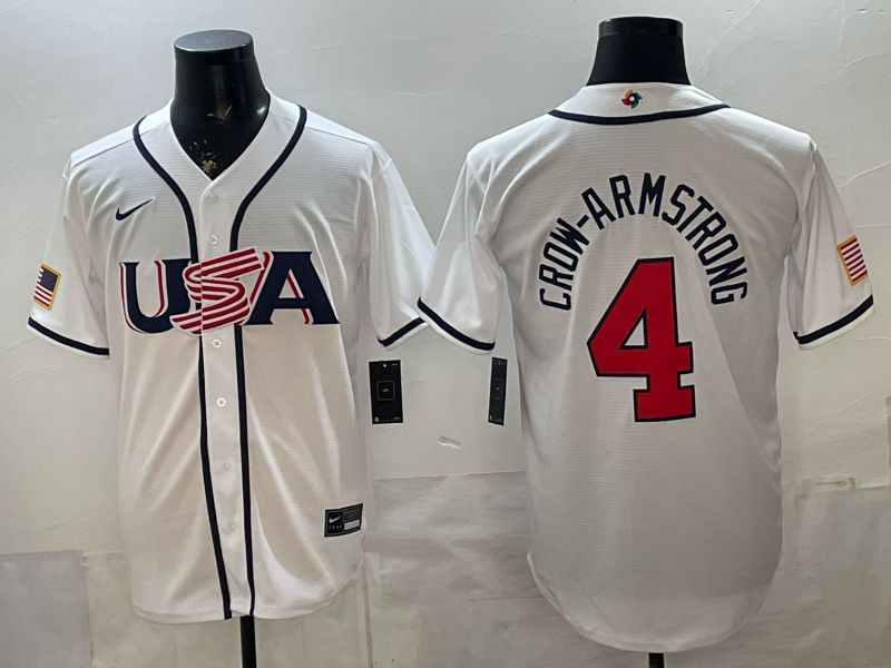 Men's USA Baseball Pete Crow-Armstrong #4 White 2026 World Baseball Classic Stadium Jersey baseball jersey product view 1