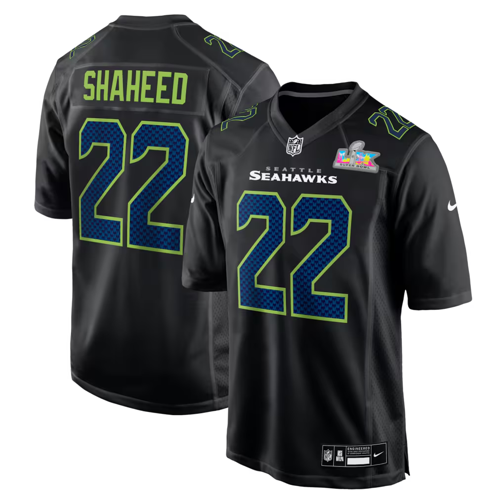 Men's Seattle Seahawks Rashid Shaheed #22 Black Super Bowl LX Patch Carbon Fashion Game Jersey football jersey product view 1
