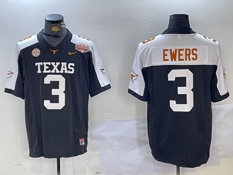 Men's Texas Longhorns Quinn Ewers #3 Black Game Jersey sports jersey product view 1