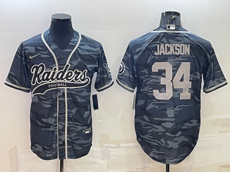 Men's Las Vegas Raiders Bo Jackson #34 Grey Camouflage Game Jersey1 Joint Edition football jersey product view 1