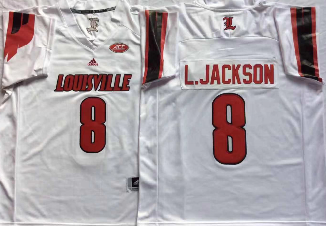 Men's Louisville Cardinals Lamar Jackson White Player Game Jersey sports jersey product view 1