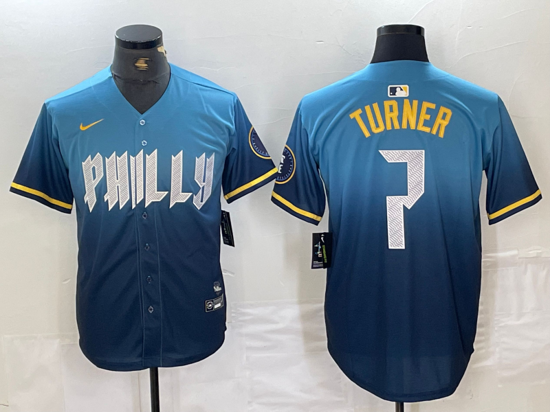 Men's Philadelphia Phillies Trea Turner Blue 2024 City Connect Limited Player Jersey baseball jersey product view 1