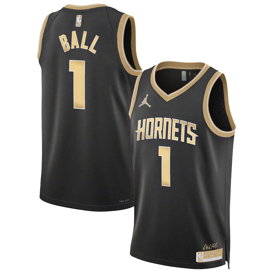 24 Hornets #1 Ball black and gold jersey basketball jersey product view 1
