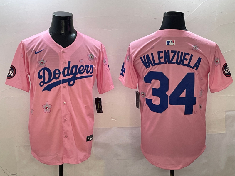 Men's Los Angeles Dodgers Fernando Valenzuela #34 Pink Player Jersey baseball jersey product view 1