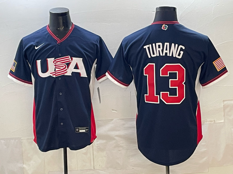 Men's USA Baseball Brice Turang #13 Navy 2026 World Baseball Classic Stadium Jersey baseball jersey product view 1