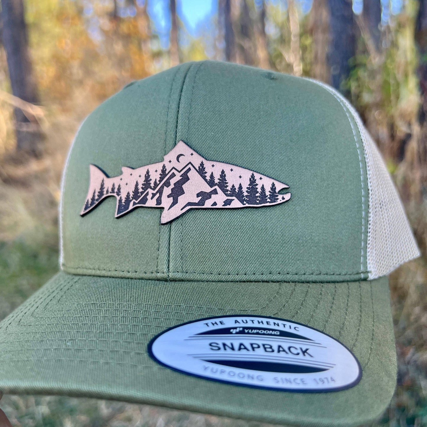 Mountain Scene Trout Leather Patch Hat  208Tees Unisex T-shirt, Sweatshirt, Hoodie, Long Sleeve Tee - T-Shirt, Sweatshirt, Hoodie