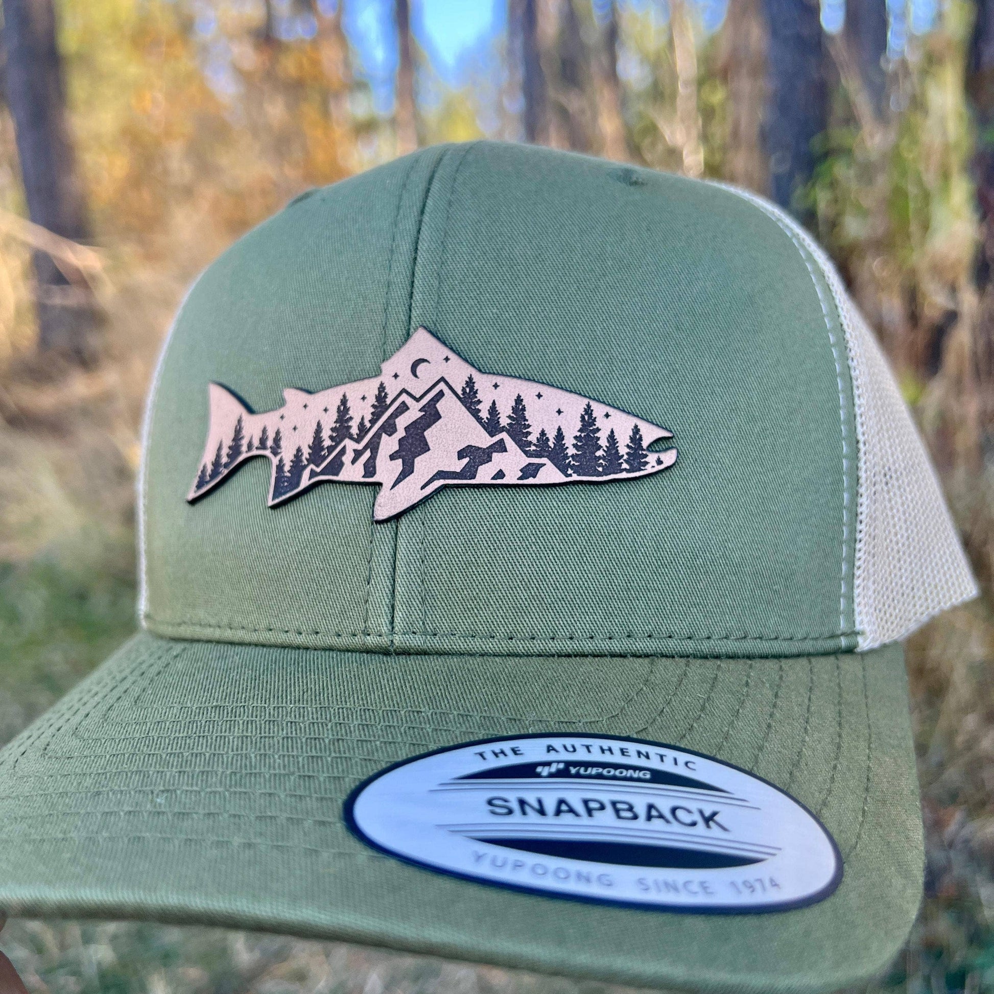 Mountain Scene Trout Leather Patch Hat  208Tees Unisex T-shirt, Sweatshirt, Hoodie, Long Sleeve Tee - T-Shirt, Sweatshirt, Hoodie