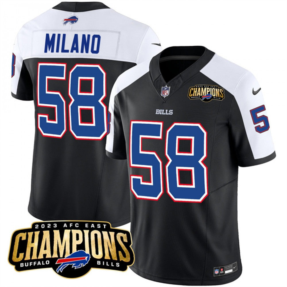 Men's Buffalo Bills #58 Matt Milano Black/White 2023 F.U.S.E. AFC East Champions Ptach Stitched Football Jersey football jersey product view 1