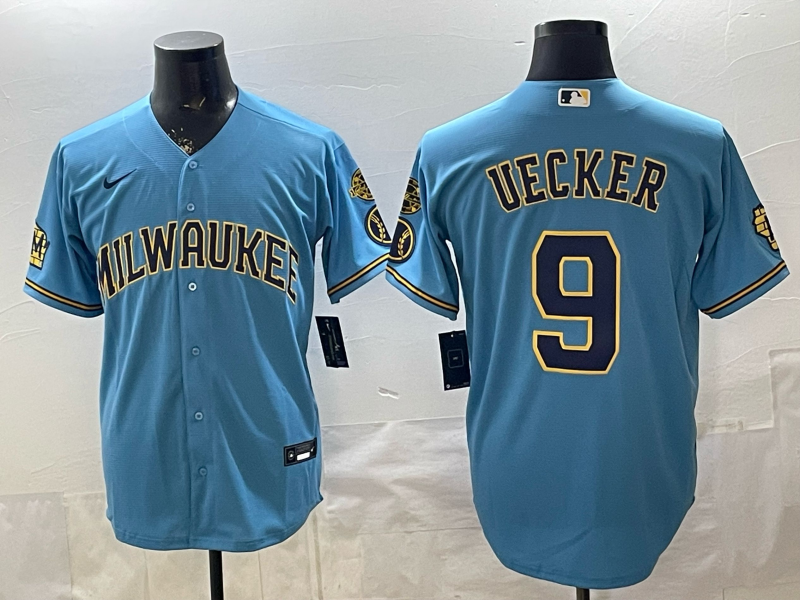 Men's Milwaukee Brewers Bob Uecker #9 Light Blue Road Replica Jersey baseball jersey product view 1