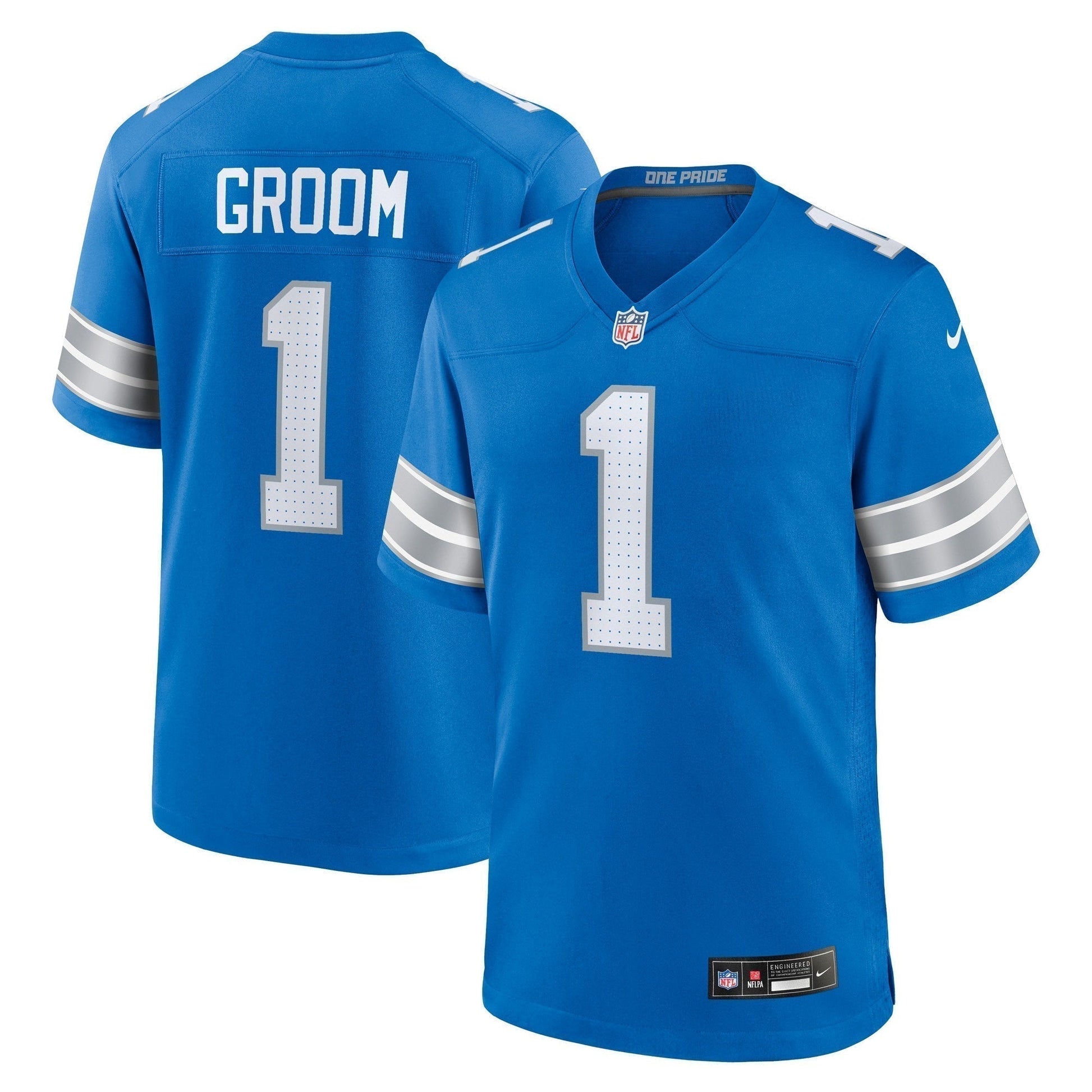Number 1 Groom Detroit Lions Game Jersey - Blue football jersey product view 1