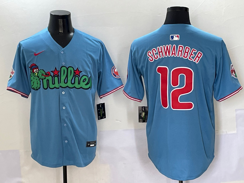 Men's Philadelphia Phillies Kyle Schwarber #12 Blue Player Jersey1 baseball jersey product view 1