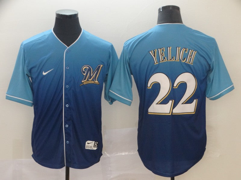 Men's Milwaukee Brewers Christian Yelich #22 MLB Blue Gradient Jersey1 baseball jersey product view 1