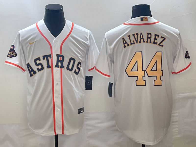 Men's Houston Astros Yordan Alvarez White/Gold 2023 Gold Collection Replica Player Jersey1 baseball jersey product view 1
