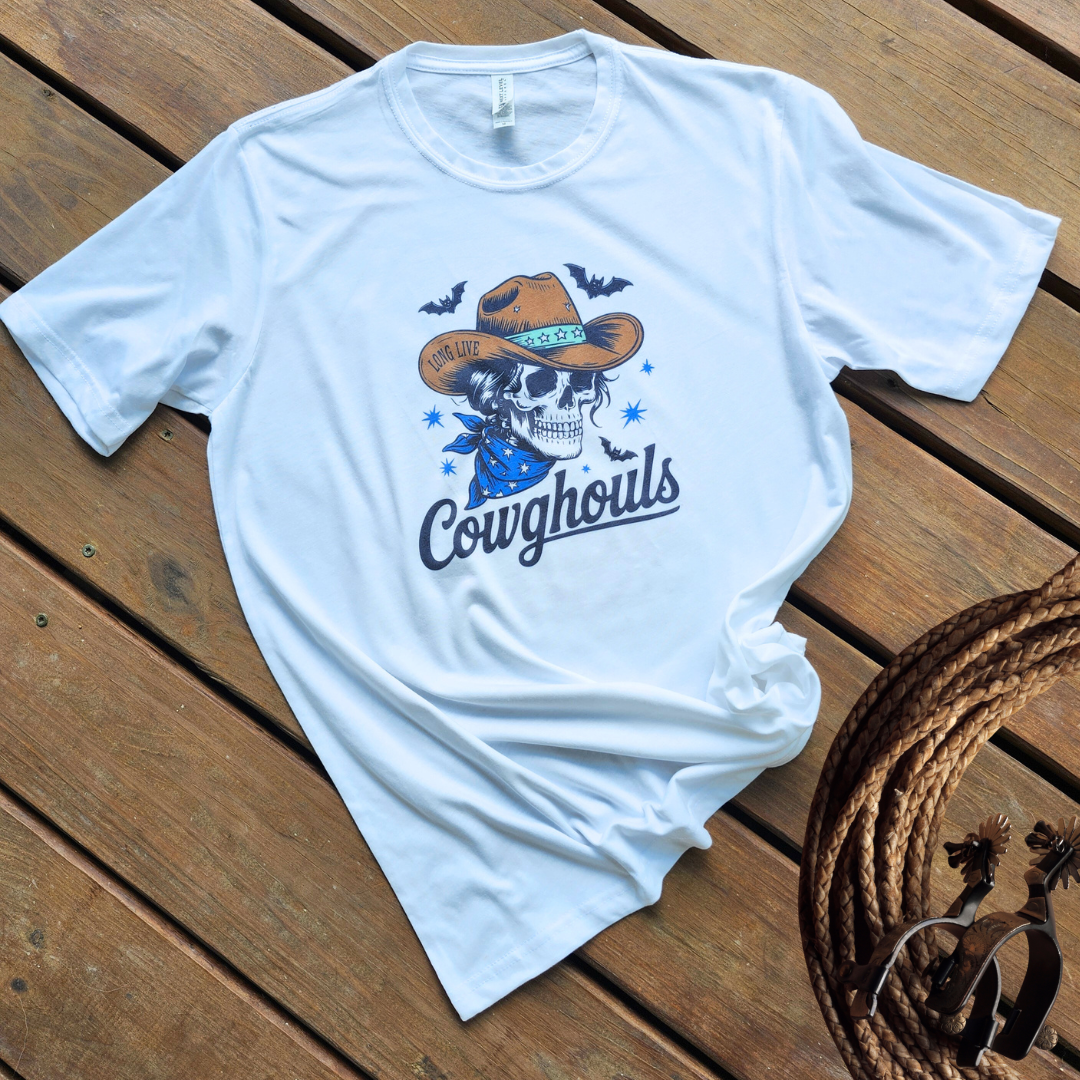 Long Live Cowghouls Skull Western Halloween Graphic Tee Unisex T-shirt, Sweatshirt, Hoodie, Long Sleeve Tee - T-Shirt, Sweatshirt, Hoodie