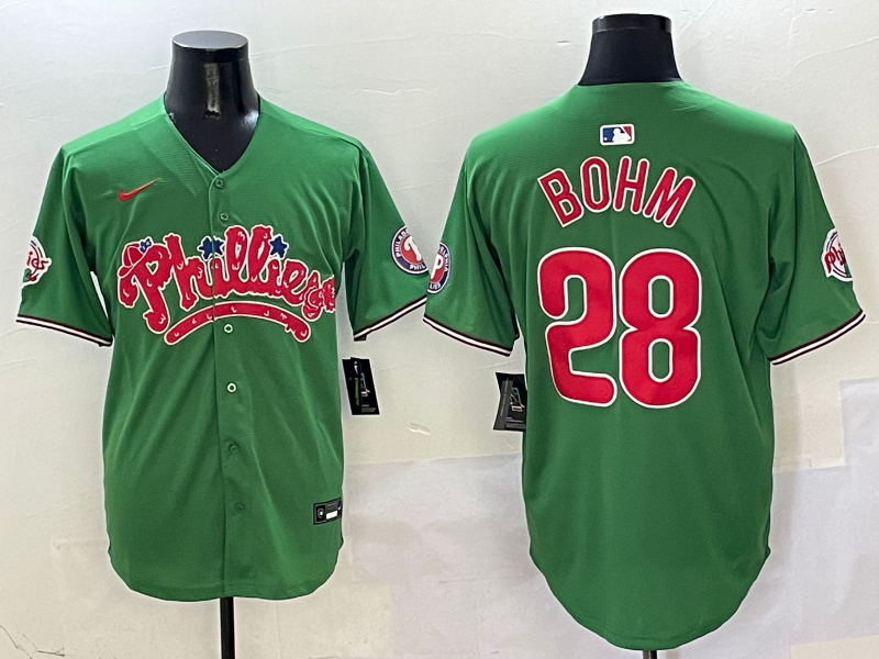 Men's Philadelphia Phillies Alec Bohm #28 Green Game Jersey baseball jersey product view 1