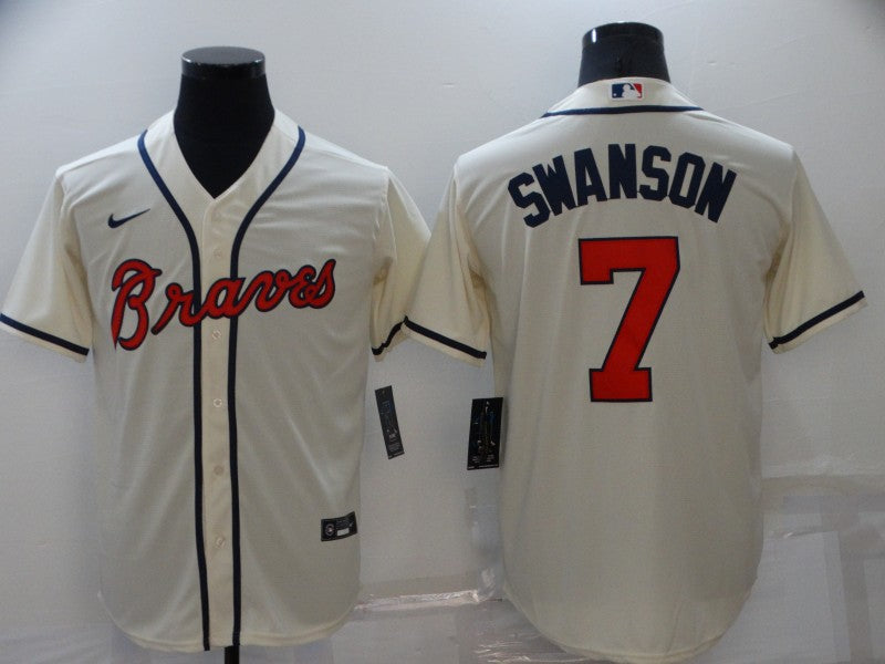 Men's Atlanta Braves Dansby Swanson #7 Beige Replica Player Jersey1 baseball jersey product view 1